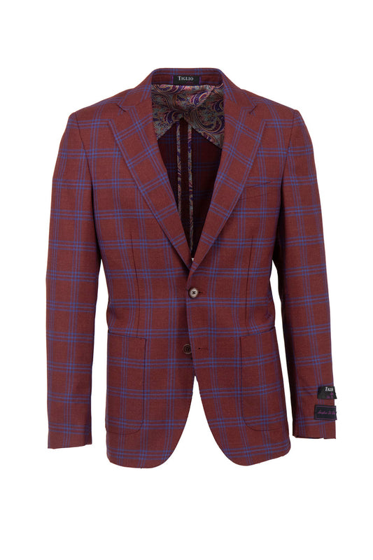The Tiglio Luxe Veneto/THP Slim Fit Jacket TL3303 is a Bordeaux red with blue windowpane design, two-button style, half-lined and crafted from pure Italian wool, shown on a white background.