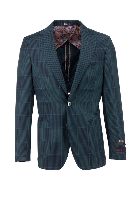 The Tiglio Luxe Veneto/THP Slim Fit Jacket TL3310, a dark plaid blazer of pure wool with two buttons and paisley linings, is displayed on a tilted hanger against a white background, embodying timeless sartorial elegance.