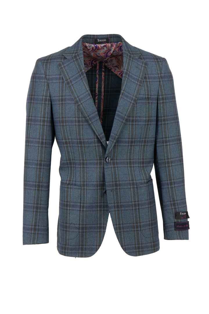 The Tiglio Luxe Jean Blue with Purple Windowpane Veneto/THP Slim Fit TL3324 is a pure wool blazer featuring an Italian fabric paisley lining, two front buttons, and flap pockets, which seamlessly blend sartorial traditions.