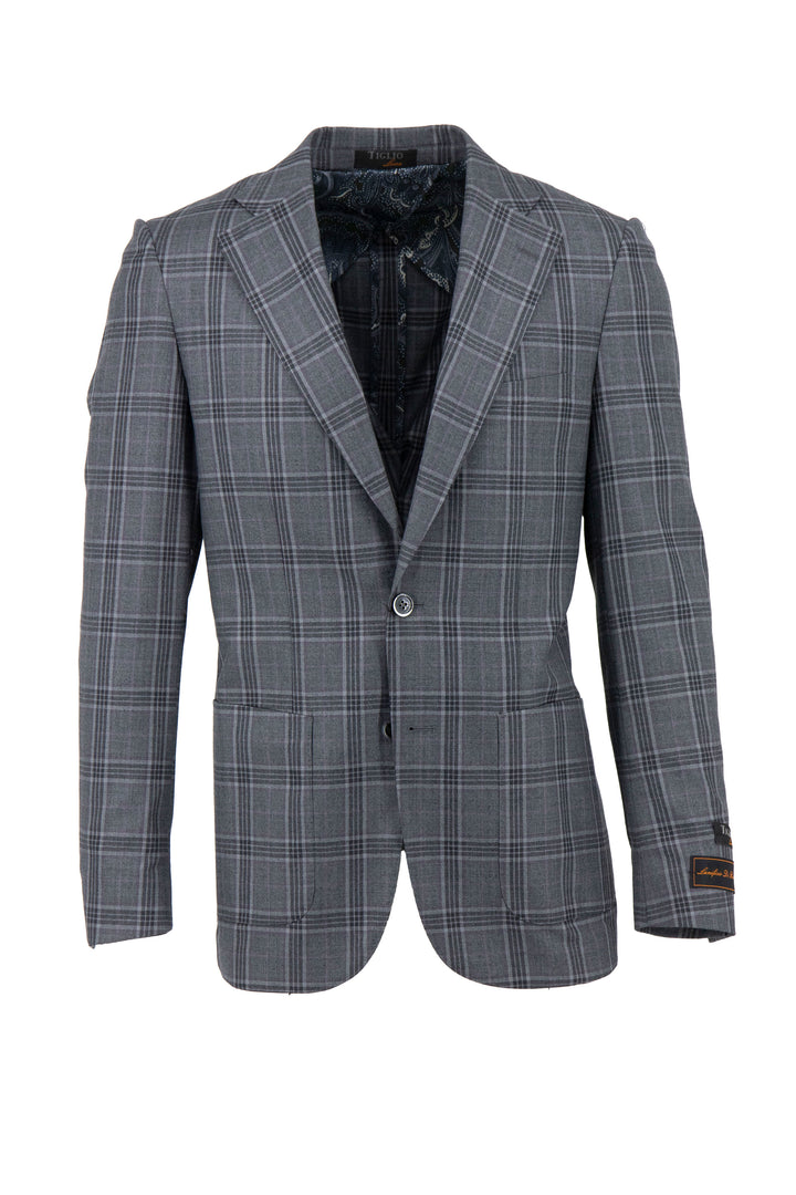 The Tiglio Luxe Veneto/THP Slim Fit half lined jacket, TL3326, is crafted in pure wool with gray and lavender windowpane. It features a single-button closure and notch lapels, showcasing European styling with Italian fabrics for timeless sartorial elegance.