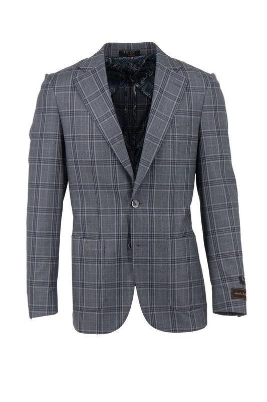 The Tiglio Luxe Veneto/THP Slim Fit half lined jacket, TL3326, is crafted in pure wool with gray and lavender windowpane. It features a single-button closure and notch lapels, showcasing European styling with Italian fabrics for timeless sartorial elegance.