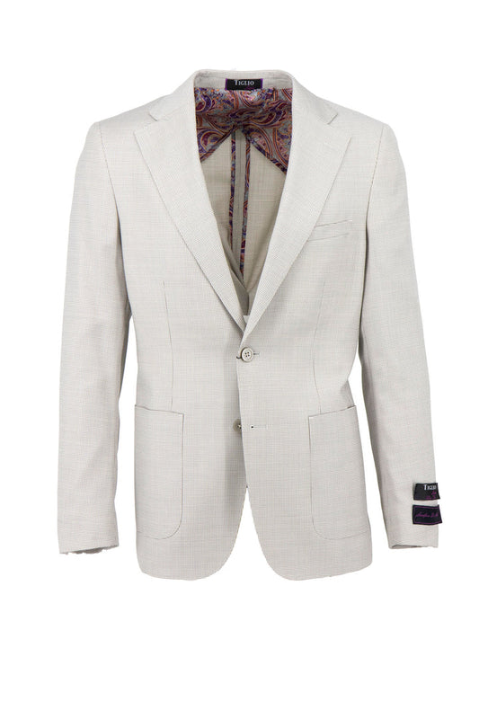The Tiglio Luxe Veneto/THP Slim Fit Jacket TL4218 is a half-lined, pure wool tan jacket featuring a white micro design, two front pockets, and a refined style honoring sartorial traditions with its single-breasted two-button closure.