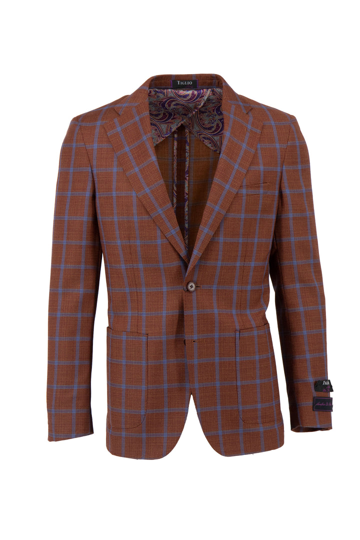 The Tiglio Luxe TL4224 jacket is a burn orange pure wool blazer with a blue windowpane pattern, featuring a single button closure, two front pockets, and a patterned half lining.