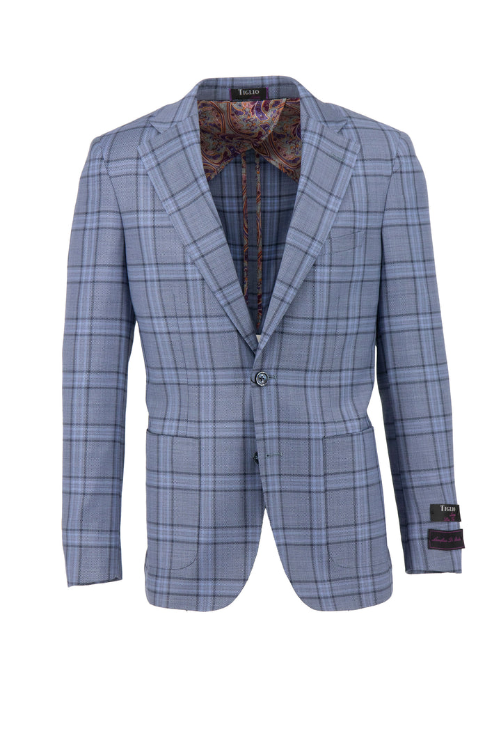 The Tiglio Luxe Slate Blue with Windowpane Veneto/THP Slim Fit pure wool jacket TL4239 features a single-button closure and colorful inner lining, crafted from Italian fabrics, exemplifying expert sartorial traditions in men's clothing. Displayed against a white background.