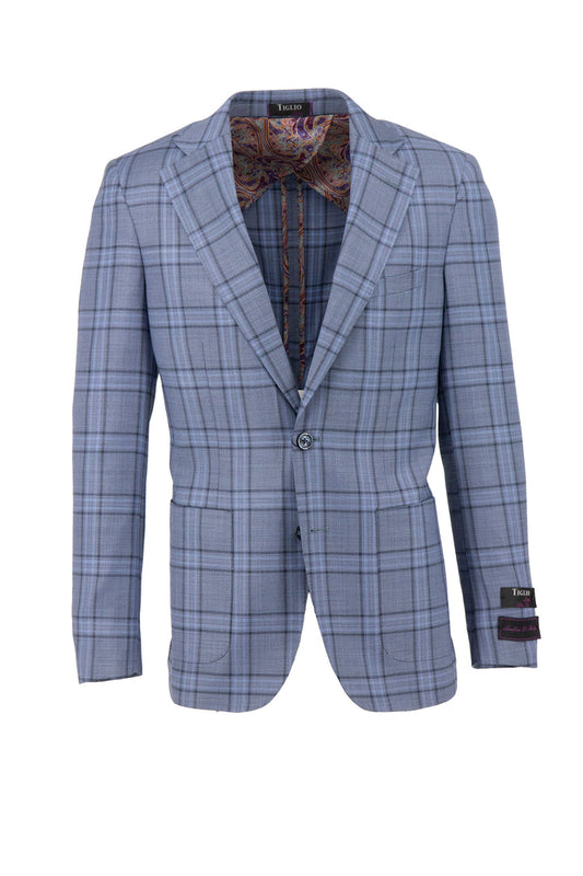 The Tiglio Luxe Slate Blue with Windowpane Veneto/THP Slim Fit pure wool jacket TL4239 features a single-button closure and colorful inner lining, crafted from Italian fabrics, exemplifying expert sartorial traditions in men's clothing. Displayed against a white background.