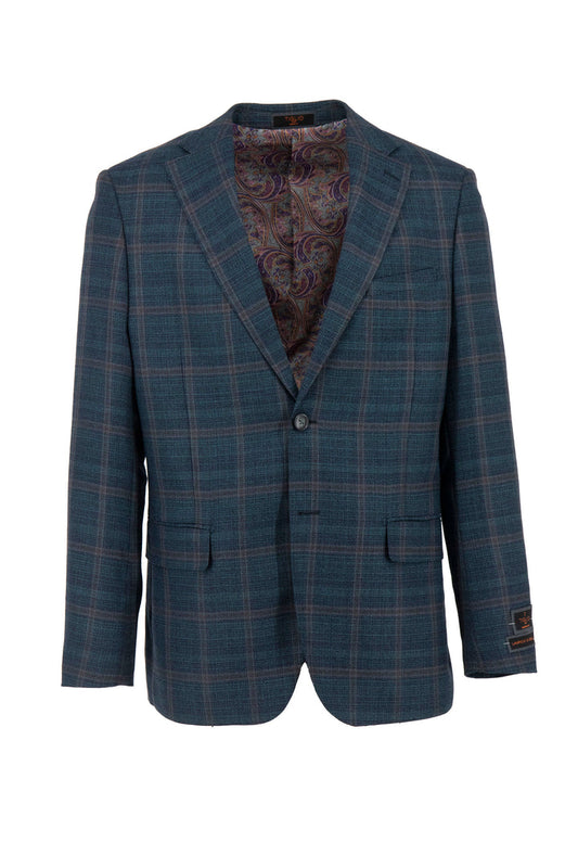 The Tiglio Luxe Peacock With Windowpane Dolcetto Modern Fit, Pure Wool Jacket TL7521 features a blue and green checkered pattern with a paisley inner lining, expertly designed by master tailors. It offers two front pockets for added style and functionality.
