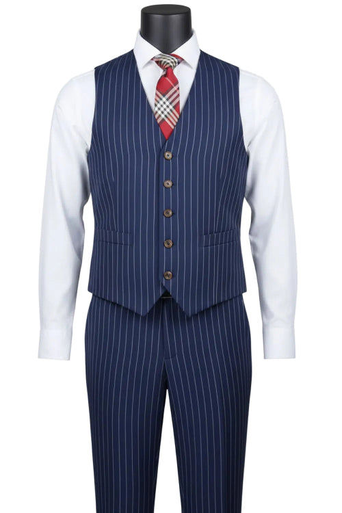 A mannequin wears the Regular Fit Blue Bold Stripes 3 Piece Suit With Adjustable Waistband Pants F-V2RS9 by Vinci Suits, paired with a white shirt and red plaid tie against a plain background.
