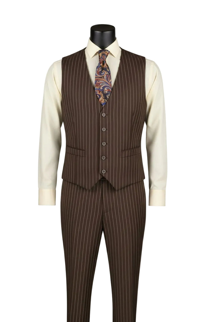 Regular Fit Brown Bold Stripes 3 Piece Suit With Adjustable Waistband Pants F-V2RS9 by Vinci Suits, with vest, cream shirt, patterned orange/navy tie, and orange pocket square on black mannequin.