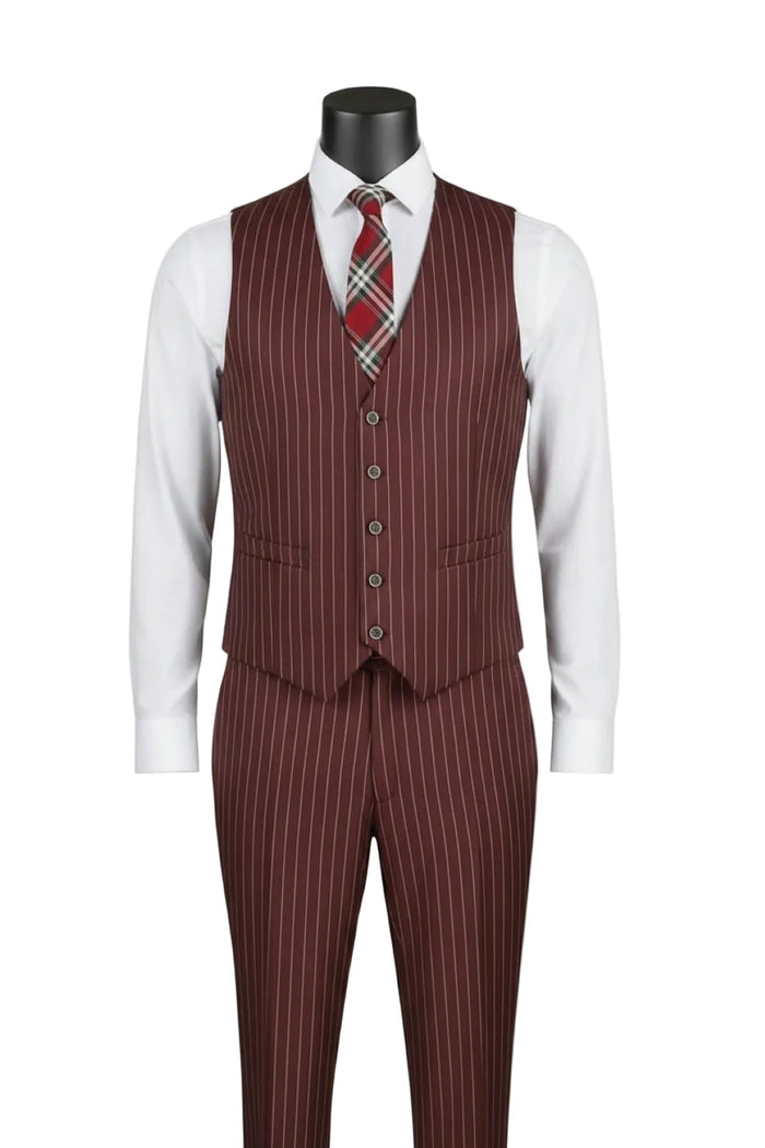 The Regular Fit Burgundy Bold Stripes 3 Piece Suit With Adjustable Waistband Pants F-V2RS9 by Vinci Suits is shown on a mannequin with a white shirt and red plaid tie.