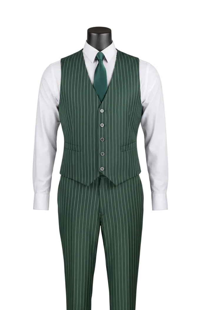 The Vinci Suits Regular Fit Hunter Green Bold Stripes 3 Piece Suit With Adjustable Waistband Pants F-V2RS9 is styled on a mannequin with a white shirt and matching green tie.