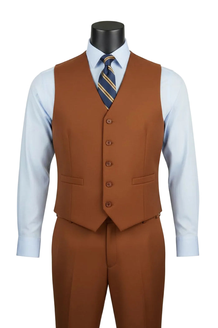 A mannequin wears the Vinci Suits Regular Fit Cognac 3 Piece Suit 2 Button with Adjustable Waistband Pants F-V2TR, styled with a light blue shirt and striped tie.