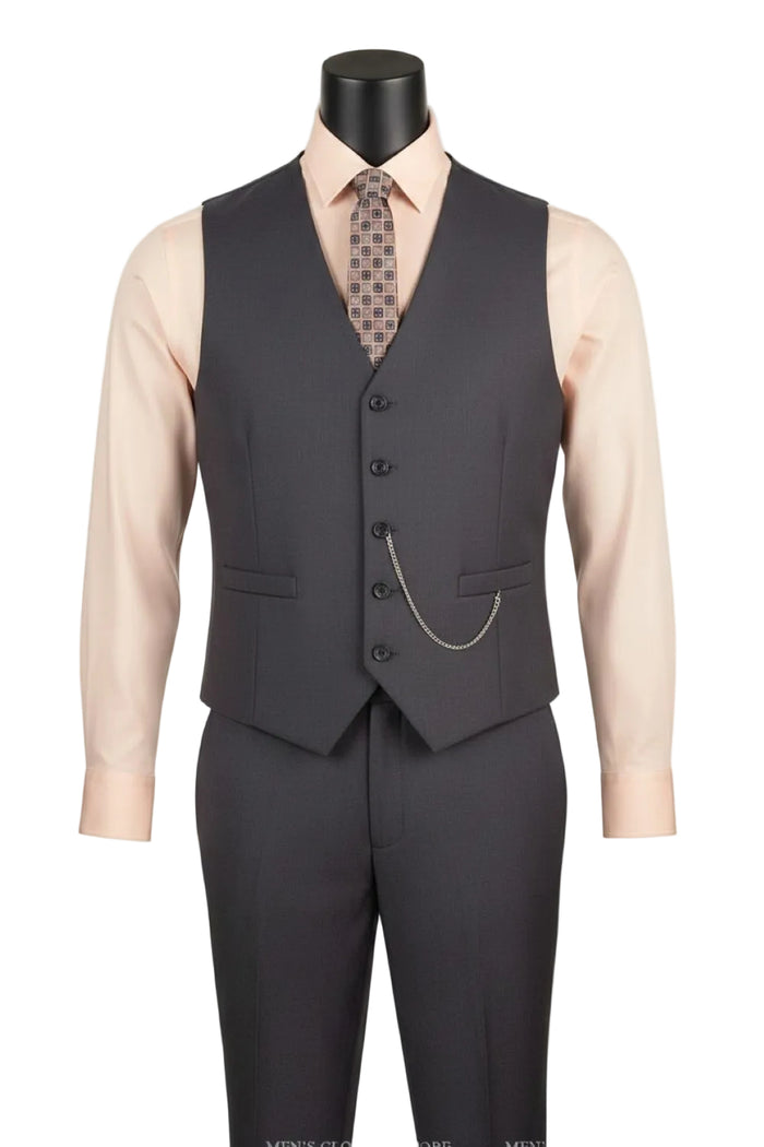 The Regular Fit Heather Gray 3 Piece Suit 2 Button with Adjustable Waistband Pants F-V2TR by Vinci Suits is shown on a mannequin with a light beige shirt and patterned tie.