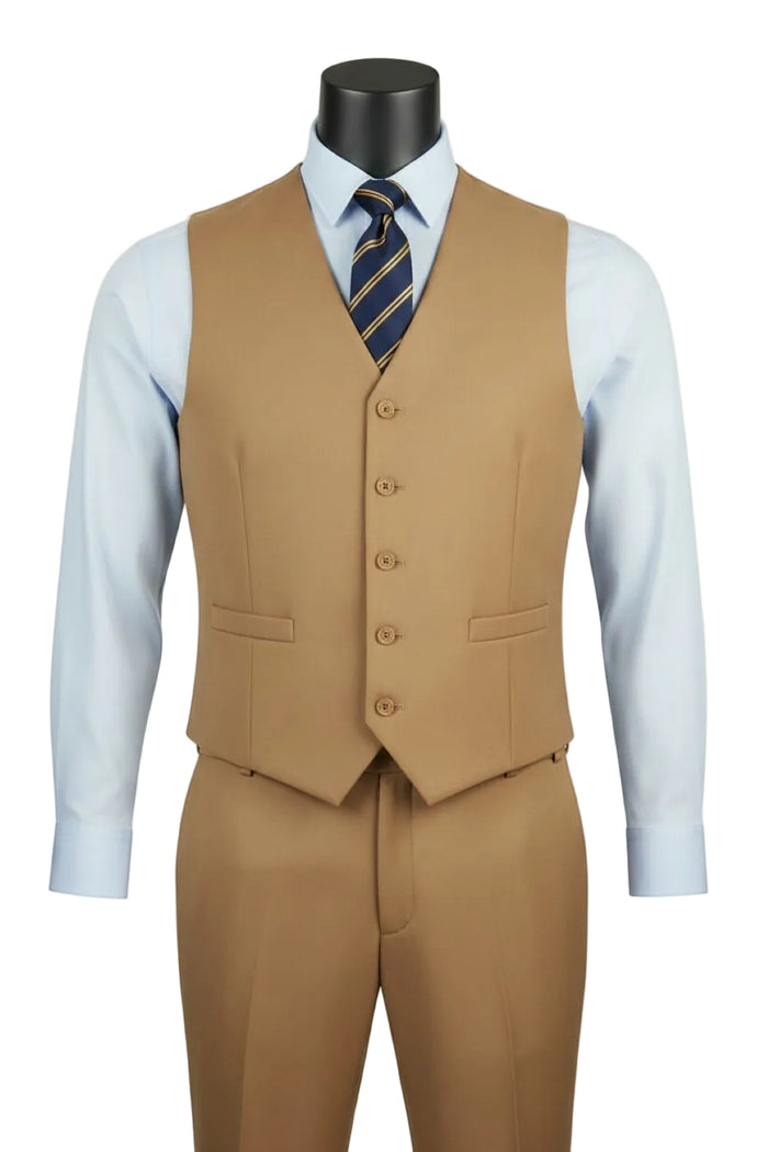 The Regular Fit Khaki 3 Piece Suit 2 Button with Adjustable Waistband Pants F-V2TR by Vinci Suits is displayed on a mannequin with a light blue shirt and navy striped tie.