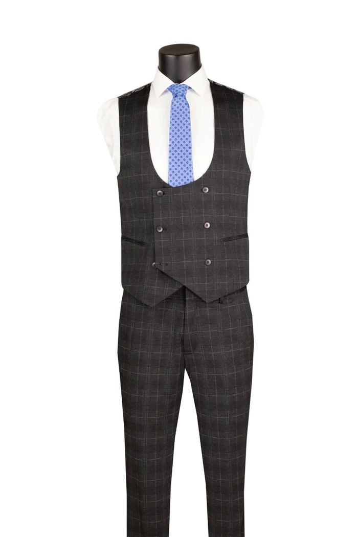 A mannequin showcases the Slim Fit Black 3 Piece 1 Button Windowpane Suit SV1W-1 by Vinci Suits with a white shirt, red polka dot tie, gold chain, and white pocket square.