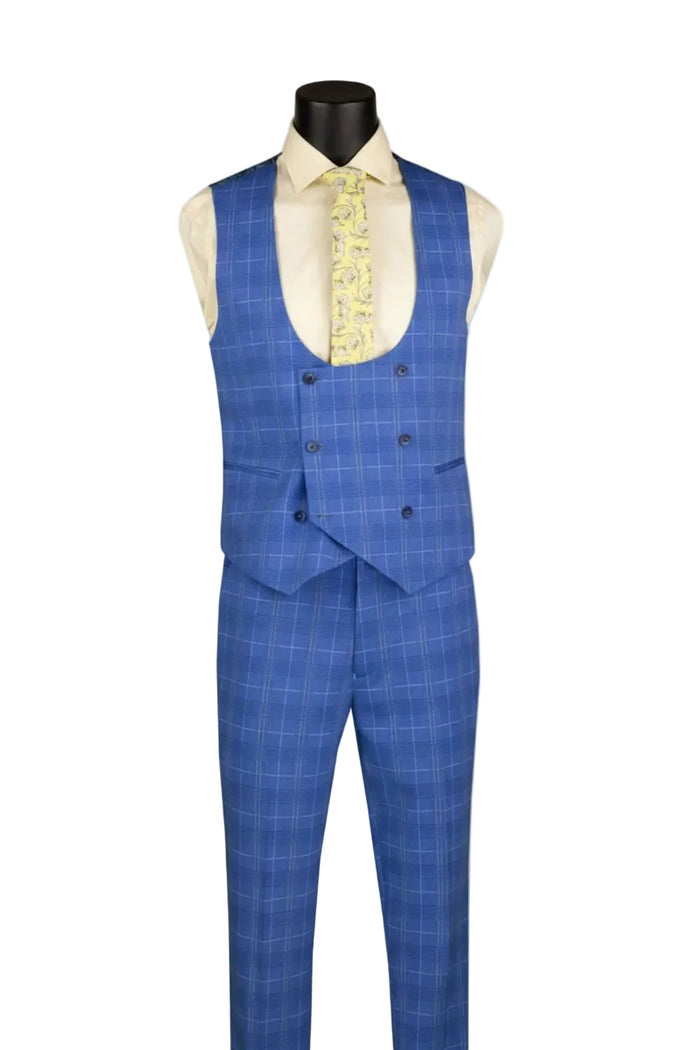The Slim Fit Blue 3 Piece 1 Button Windowpane Suit SV1W-1 by Vinci Suits is shown with a yellow shirt, patterned tie, pocket square, and gold chain on a black mannequin.