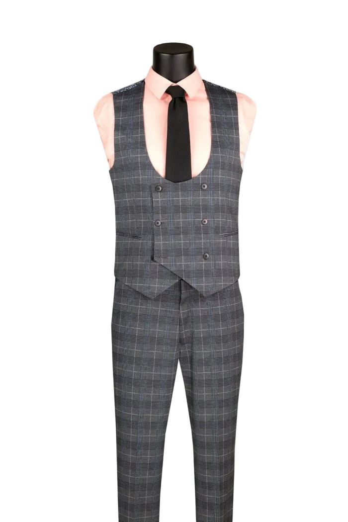 Slim Fit Gray 3 Piece 1 Button Windowpane Suit SV1W-1 by Vinci Suits: plaid suit with pink shirt, black tie, and pocket square on mannequin against a white background.