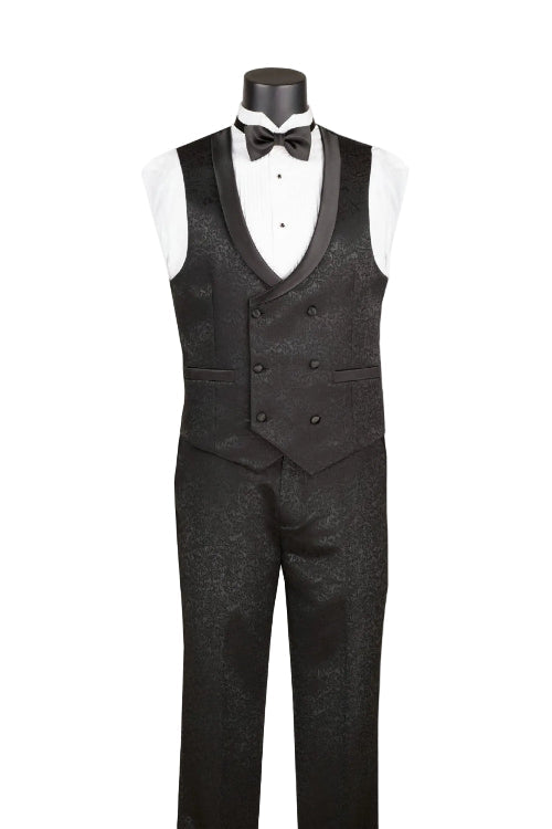 Slim Fit Black 3 Piece Jacquard Pattern Peak Lapel Tuxedo TVMF-2 by Vinci Suits shown with white dress shirt, black bow tie, gold chain, and vest on a mannequin against white background.