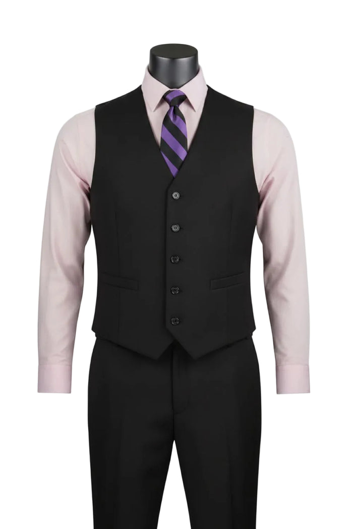 Vinci Suits Regular Fit Black 3 Piece Suit 2 Button with Adjustable Waistband Pants F-V2TR on a mannequin, styled with a light pink dress shirt and purple striped tie.
