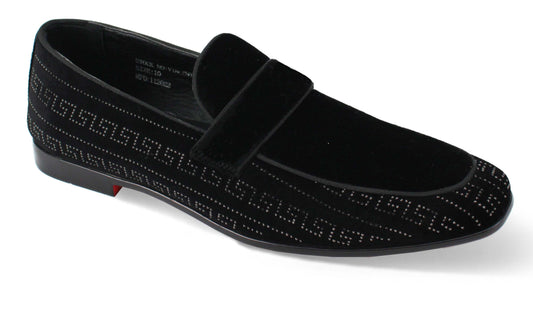 The AFTER MIDNIGHT Vincent Black Dress Shoes feature black velvet, a crystal-studded geometric pattern, a low heel, and a rounded toe.