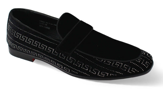 The AFTER MIDNIGHT After Midnight Vincent Black/Silver Dress Shoes feature a luxurious velour upper, low heel, rounded toe, and a striking geometric pattern of small silver studs.