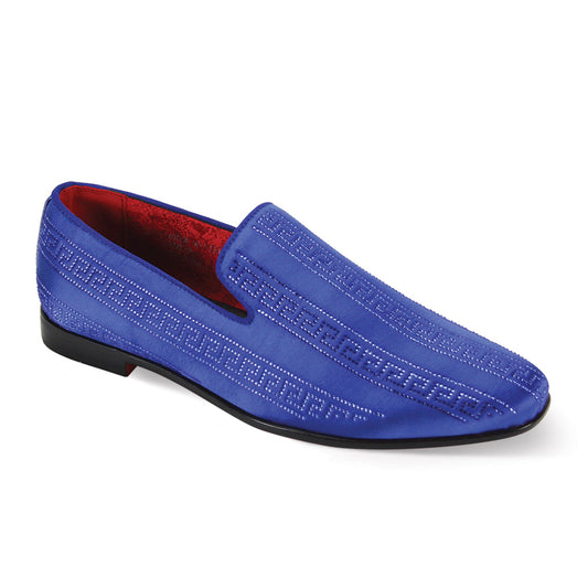 AFTER MIDNIGHT's After Midnight Exclusive Vito Royal Dress Shoes feature a blue slip-on design with decorative stitching, a red interior lining, and a sleek plain toe.