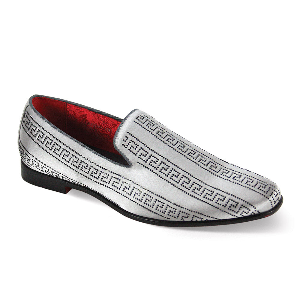 The After Midnight Exclusive Vito Silver/Black Dress Shoes by AFTER MIDNIGHT are silver slip-on loafers with a plain toe, featuring a black geometric pattern and red interior lining.