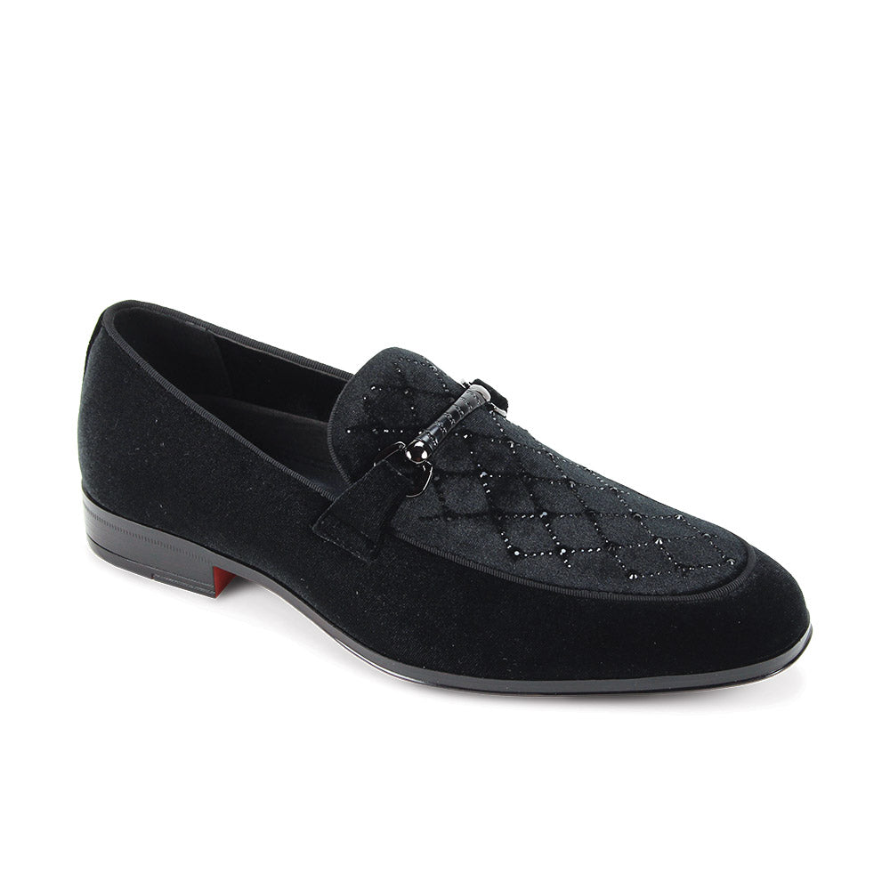The AFTER MIDNIGHT After Midnight Val Black Dress Shoes feature a quilted velvet upper, black suede trim, decorative metal bit detail, and a low heel.