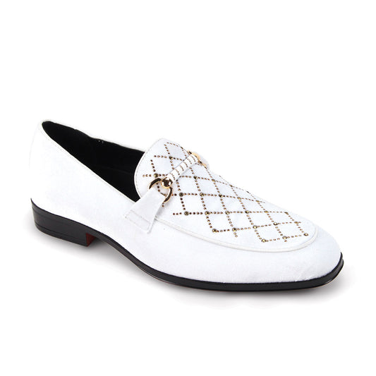 The AFTER MIDNIGHT After Midnight Val White/Gold Dress Shoes feature a white suede loafer design, low black heel, gold hardware, and a velvet upper adorned with a diamond pattern of small gold studs.