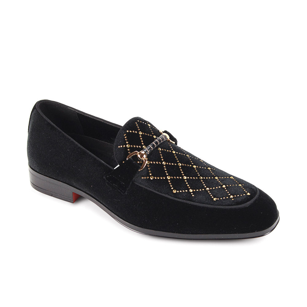 The AFTER MIDNIGHT After Midnight Val Black/Gold Dress Shoes feature a black velvet upper with a gold metal bit and diamond gold stud pattern, displayed on a plain white background.