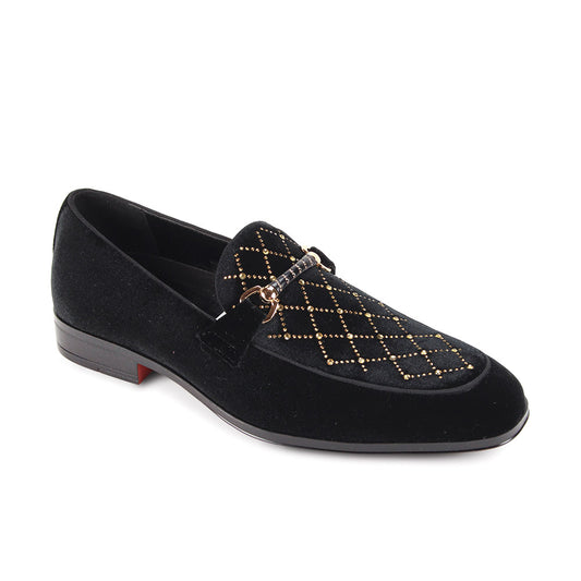 The AFTER MIDNIGHT After Midnight Val Black/Gold Dress Shoes feature a black velvet upper with a gold metal bit and diamond gold stud pattern, displayed on a plain white background.
