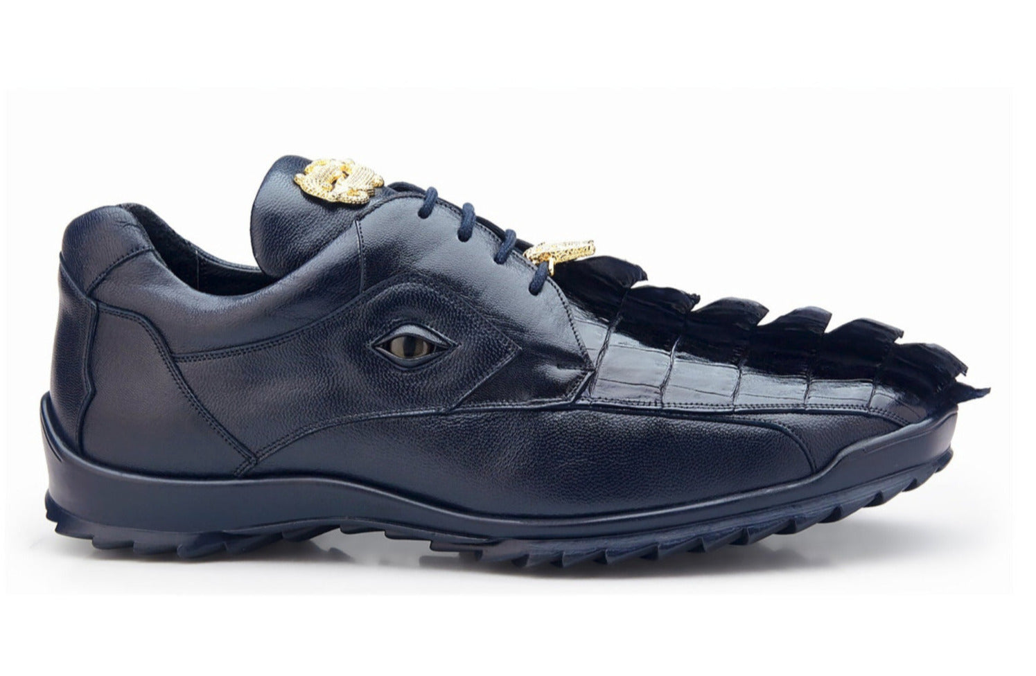 The BELVEDERE Vasco is a navy shoe crafted from genuine Hornback and soft Italian calf leather, featuring textured panels, a faux eye, gold accents, and a cushioned insole for comfort.