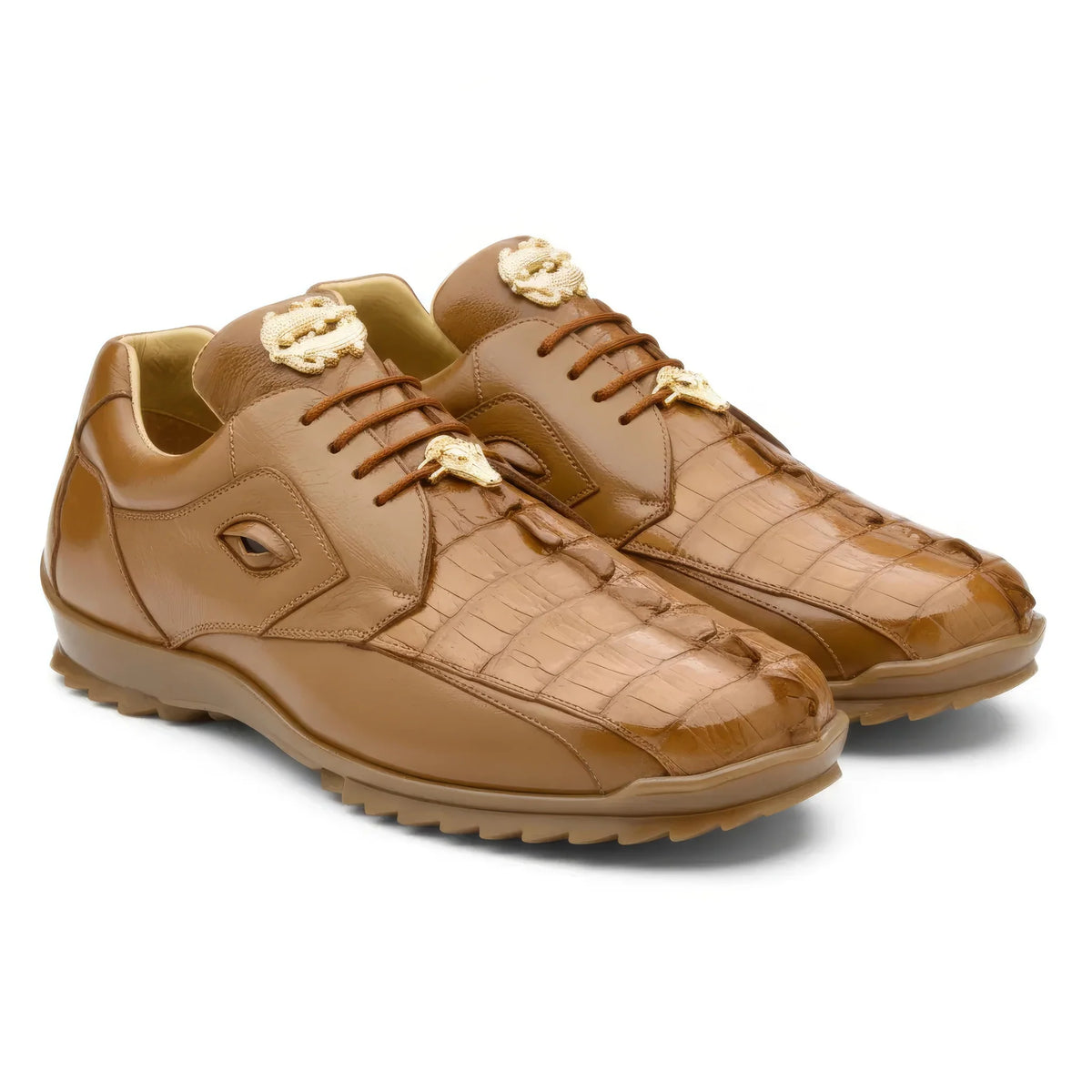 Belvedere - Vasco, Genuine Hornback/Soft Italian Calf Sneaker - Saddle - 336122 in tan with a textured toe, gold-tone accents, cushion insole, and a lugged rubber sole.