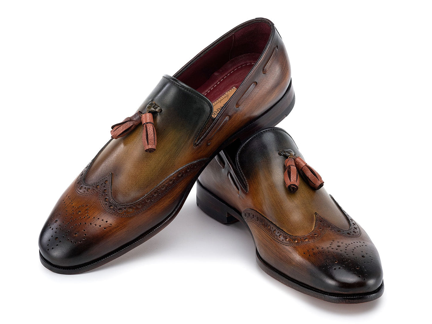 Paul Parkman Wingtip Tassel Loafers Green - WL34-GRN by Paul Parkman are made-to-order men's loafers featuring classic wingtip brogue detailing and tassels, offering timeless elegance and style. Displayed on a white background.