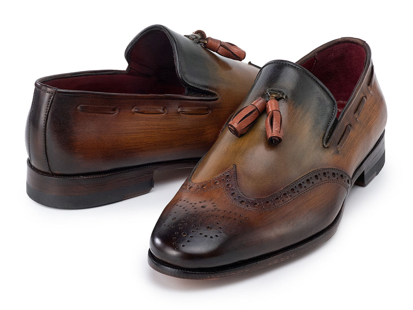 Paul Parkman Wingtip Tassel Loafers Green - WL34-GRN by Paul Parkman are made-to-order men's loafers featuring classic wingtip brogue detailing and tassels, offering timeless elegance and style. Displayed on a white background.