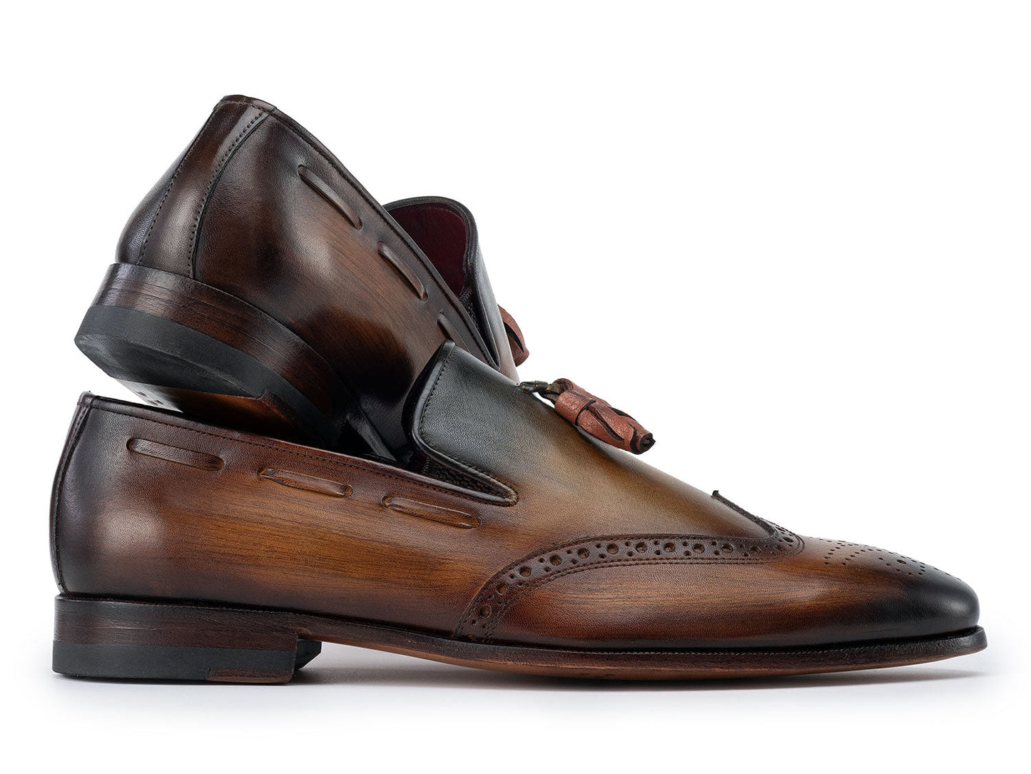 Paul Parkman Wingtip Tassel Loafers Green - WL34-GRN by Paul Parkman are made-to-order men's loafers featuring classic wingtip brogue detailing and tassels, offering timeless elegance and style. Displayed on a white background.