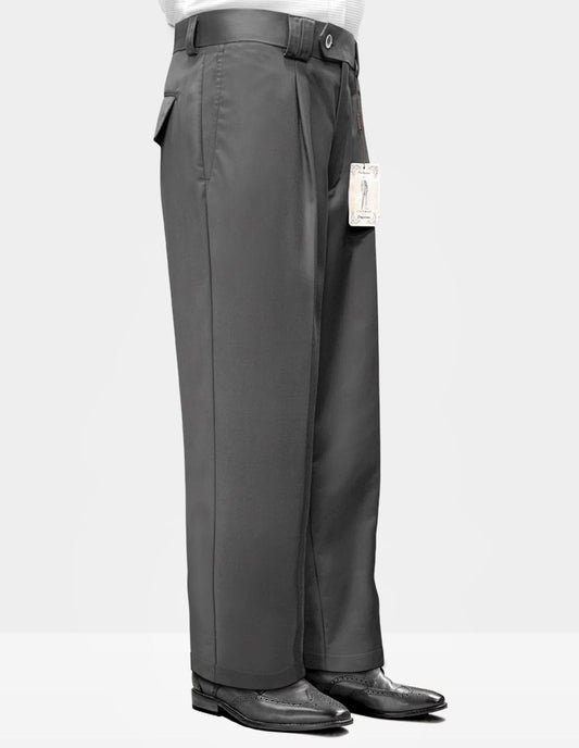 A person is wearing the charcoal wide-leg pants from Statement Clothing, known for their solid color and luxurious Italian wool. Paired with sleek black shoes, a tag discreetly hangs from these tailored WP-100-CHARCOAL pants, further emphasizing their fine craftsmanship.