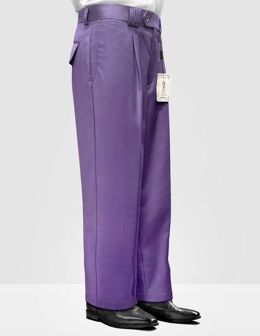 A person wears the elegant SOLID COLOR WIDE LEG PANTS WP-100-LAVENDER by Statement Clothing, made from luxurious Italian wool, with a visible tag peeking out, stylishly pairing them with sleek black shoes.