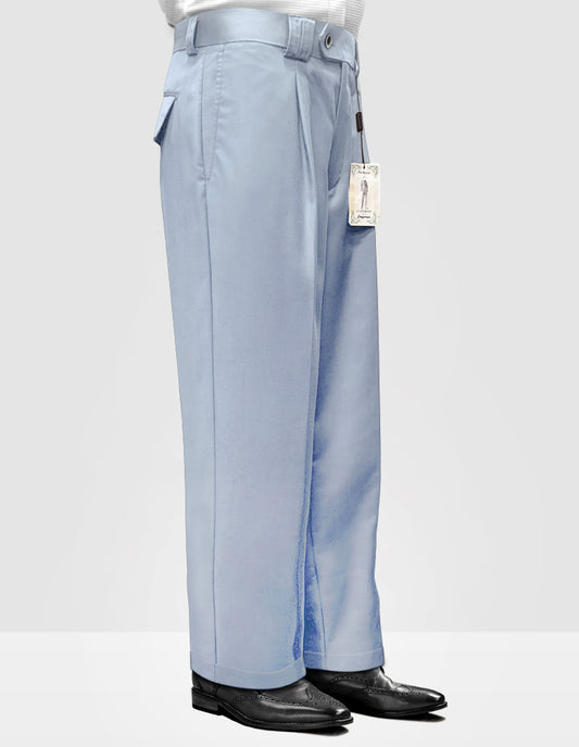 Side view of the STATEMENT CLOTHING | ﻿SOLID COLOR WIDE LEG PANTS WP-100-POWDER in light blue, made from Italian wool fabric with a tag attached, worn by a person.