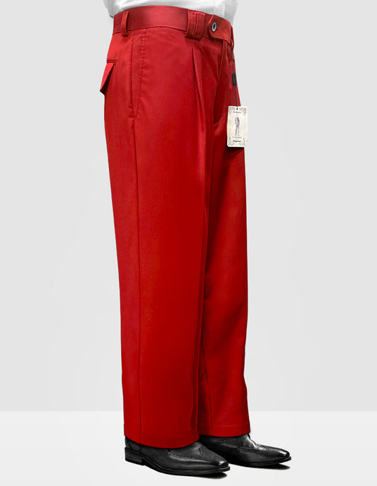 A person donning striking red STATEMENT CLOTHING | SOLID COLOR WIDE LEG PANTS WP-100-RED, made from exquisite Italian wool fabric by Statement Clothing, and black shoes stands in a side profile. A tag dangles from the pocket.