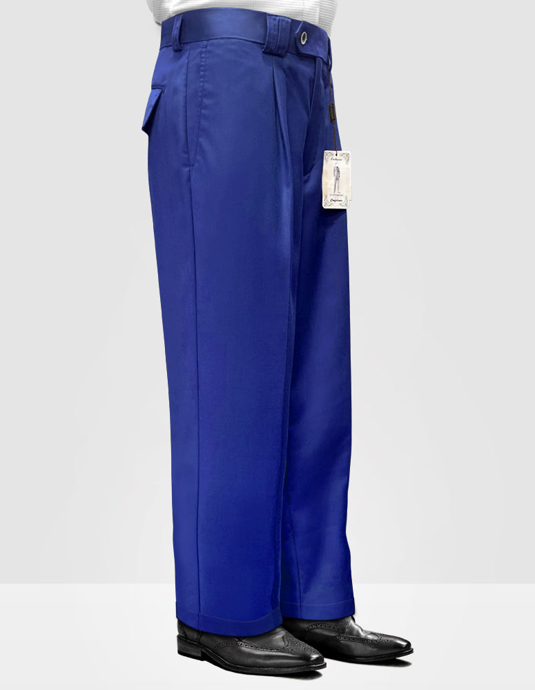 A person wearing STATEMENT CLOTHING's SOLID COLOR WIDE LEG PANTS WP-100-ROYALBLUE made from vibrant blue Italian wool, with a price tag still attached, paired with black shoes, is standing against a plain background.