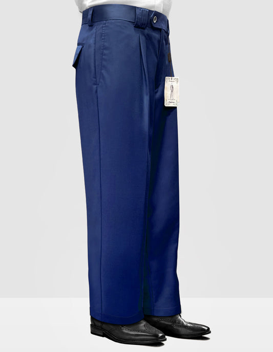 A side view of a person wearing Statement Clothing's Solid Color Wide Leg Pants WP-100-Sapphire, with a tag attached, paired with black shoes.