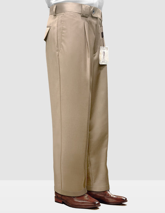 A person wearing Statement Clothing's Solid Color Wide Leg Pants WP-100-TAN, paired with brown dress shoes, stands against a plain background.
