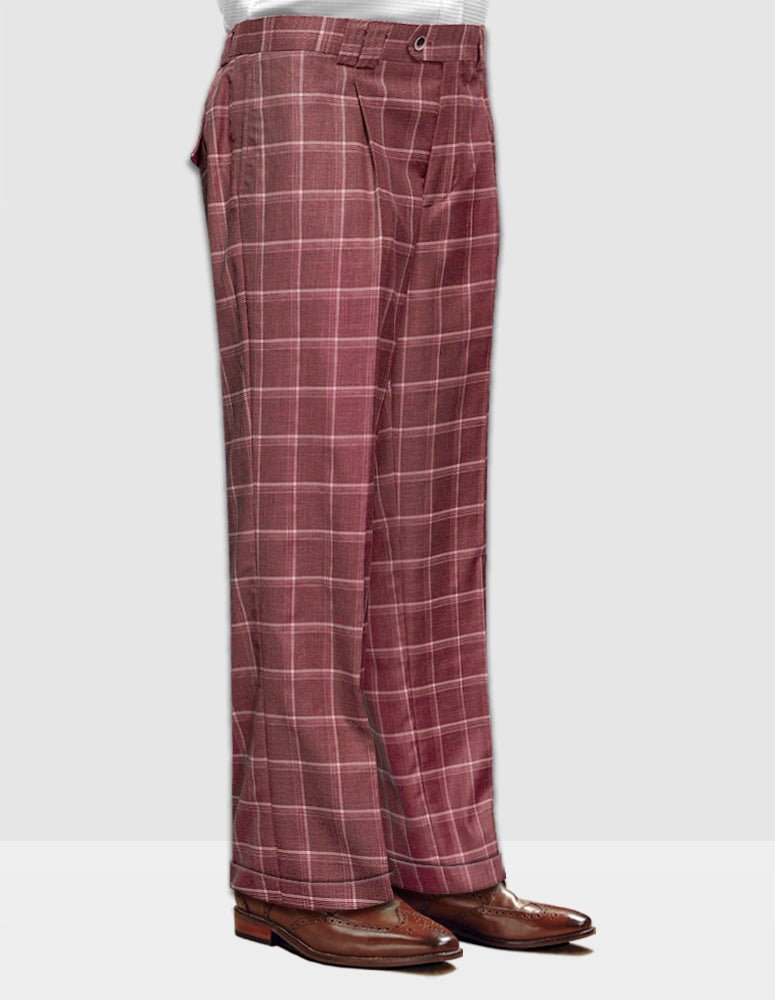 A person wearing Statement Clothing's wide-leg plaid pants in brown, made of Italian wool, paired with brown leather shoes.