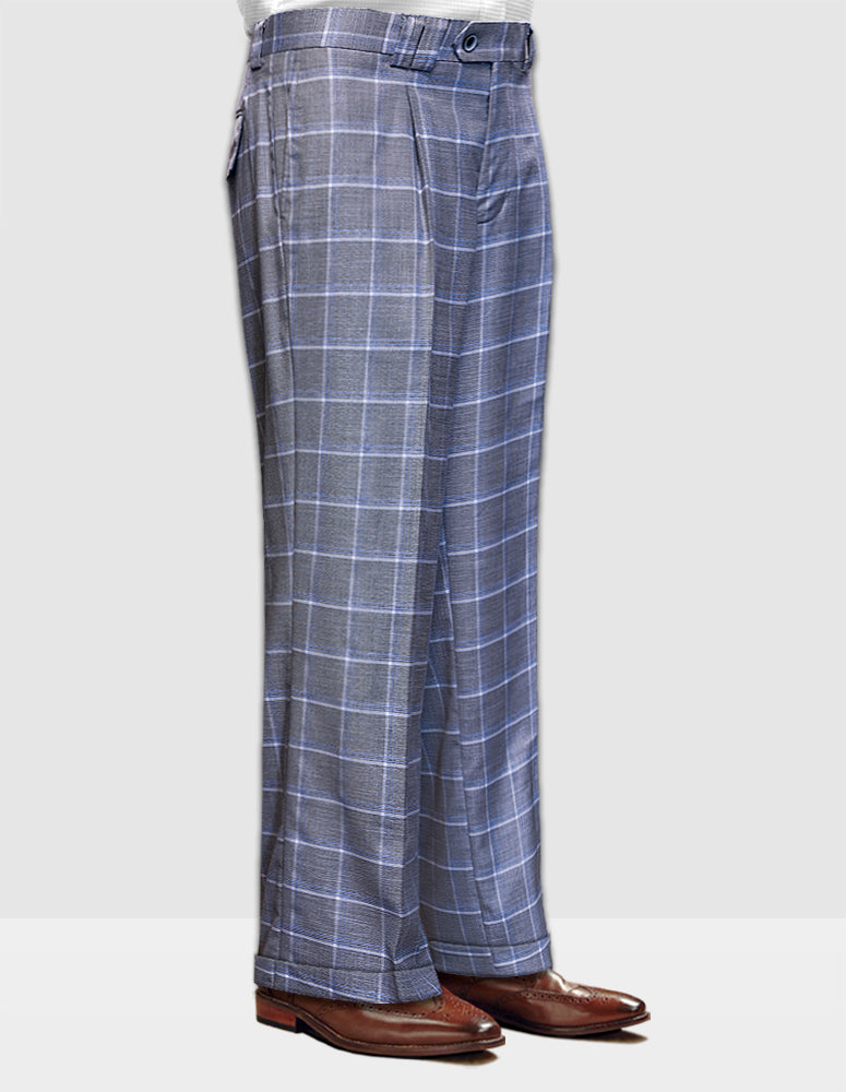 Mannequin showcasing the STATEMENT CLOTHING | WIDE LEG PLAID PANTS WP-101-GREY by Statement Clothing, crafted from Italian wool, paired with brown shoes, displayed from mid-torso to feet.