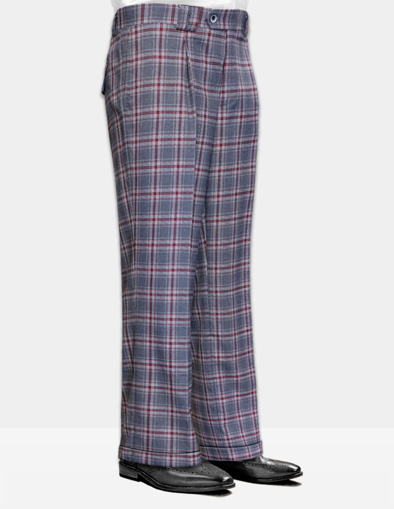 The STATEMENT CLOTHING | WIDE LEG PLAID PANTS WP-102-Grey Rec by Statement Clothing, in gray, blue, and red plaid, are styled with black dress shoes and shown from the side against a plain background.