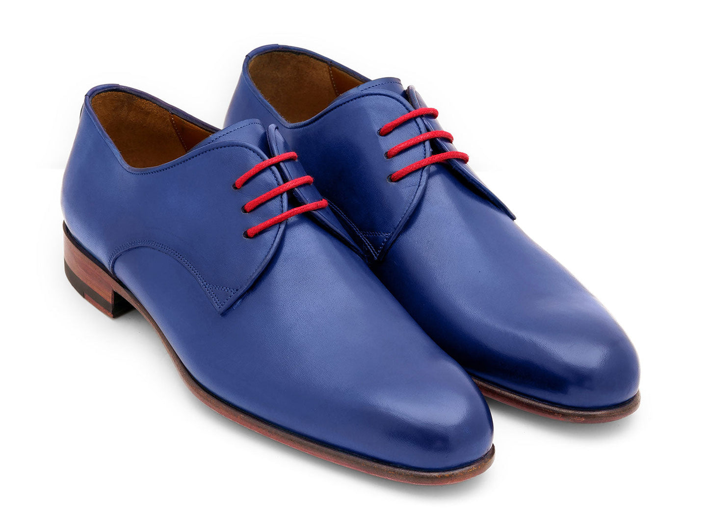 A pair of Paul Parkman Blue Hand Painted Derby Shoes (633BLU13) with red laces, brown inner lining, and brown soles are positioned side by side on a white background.