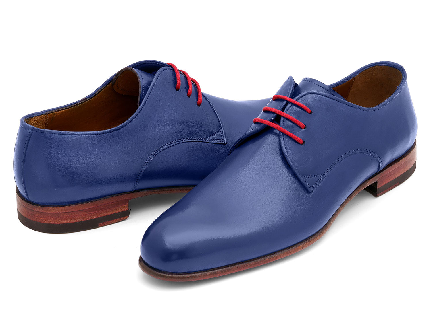 A pair of Paul Parkman Blue Hand Painted Derby Shoes (633BLU13) with red laces, brown inner lining, and brown soles are positioned side by side on a white background.