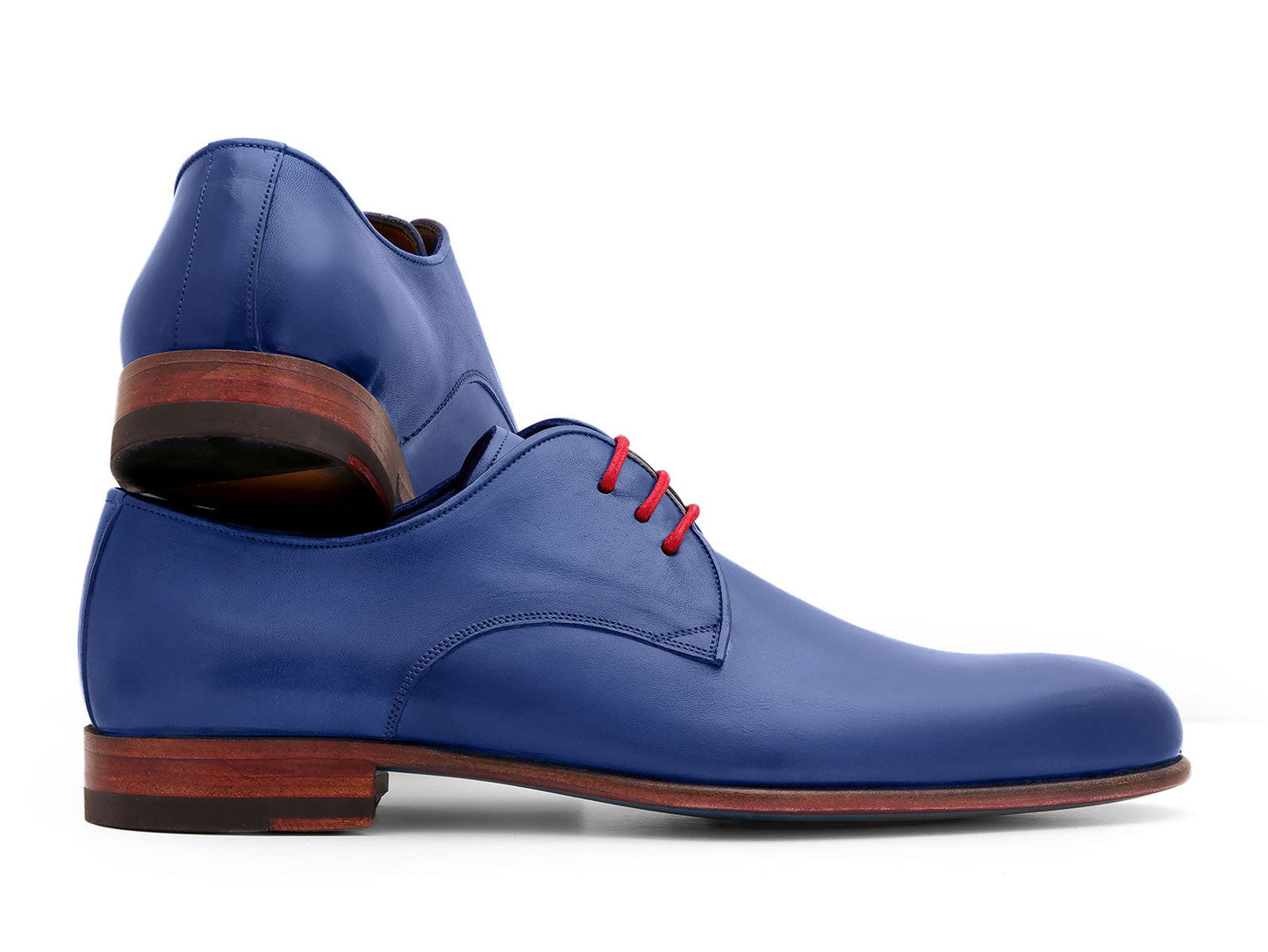 A pair of Paul Parkman Blue Hand Painted Derby Shoes (633BLU13) with red laces, brown inner lining, and brown soles are positioned side by side on a white background.