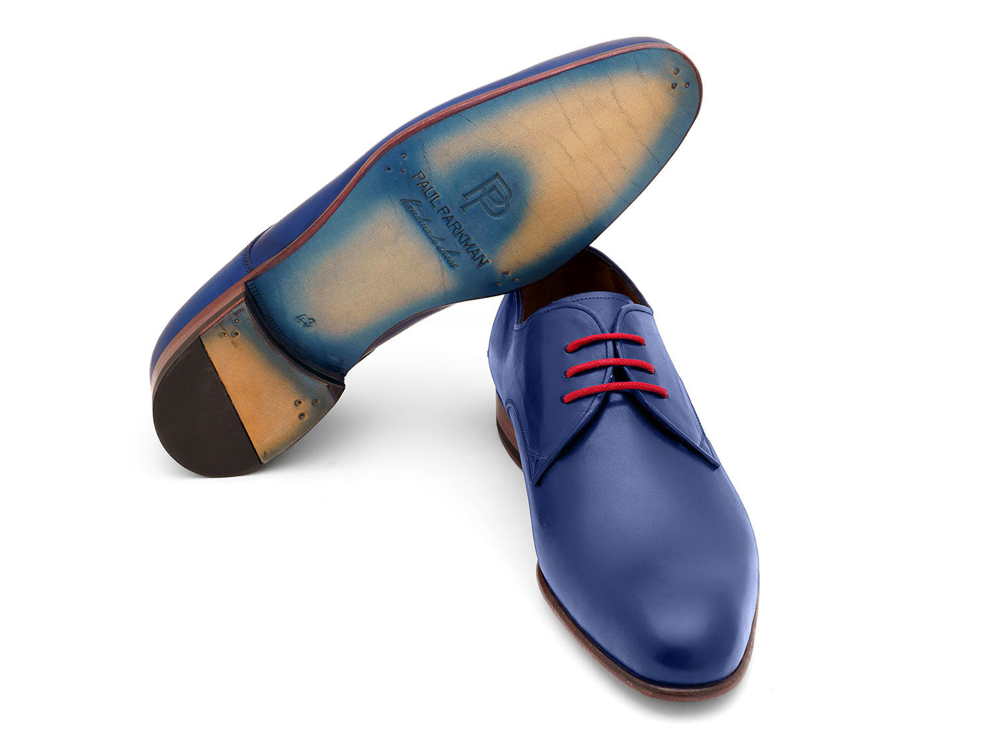 A pair of Paul Parkman Blue Hand Painted Derby Shoes (633BLU13) with red laces, brown inner lining, and brown soles are positioned side by side on a white background.