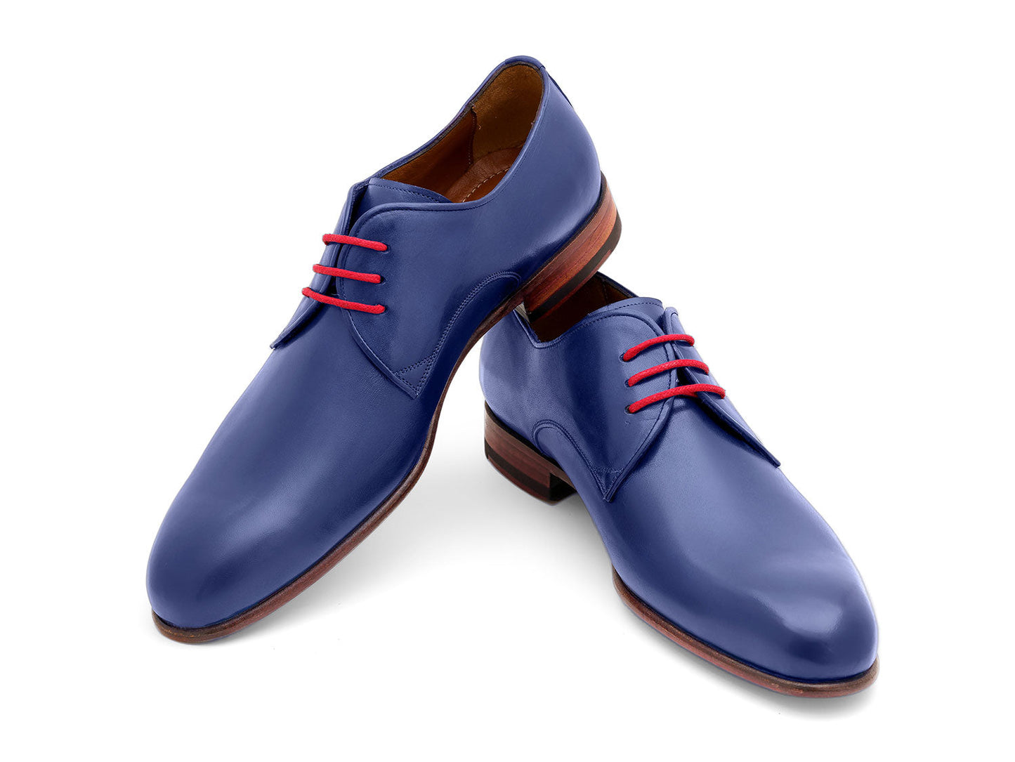 A pair of Paul Parkman Blue Hand Painted Derby Shoes (633BLU13) with red laces, brown inner lining, and brown soles are positioned side by side on a white background.